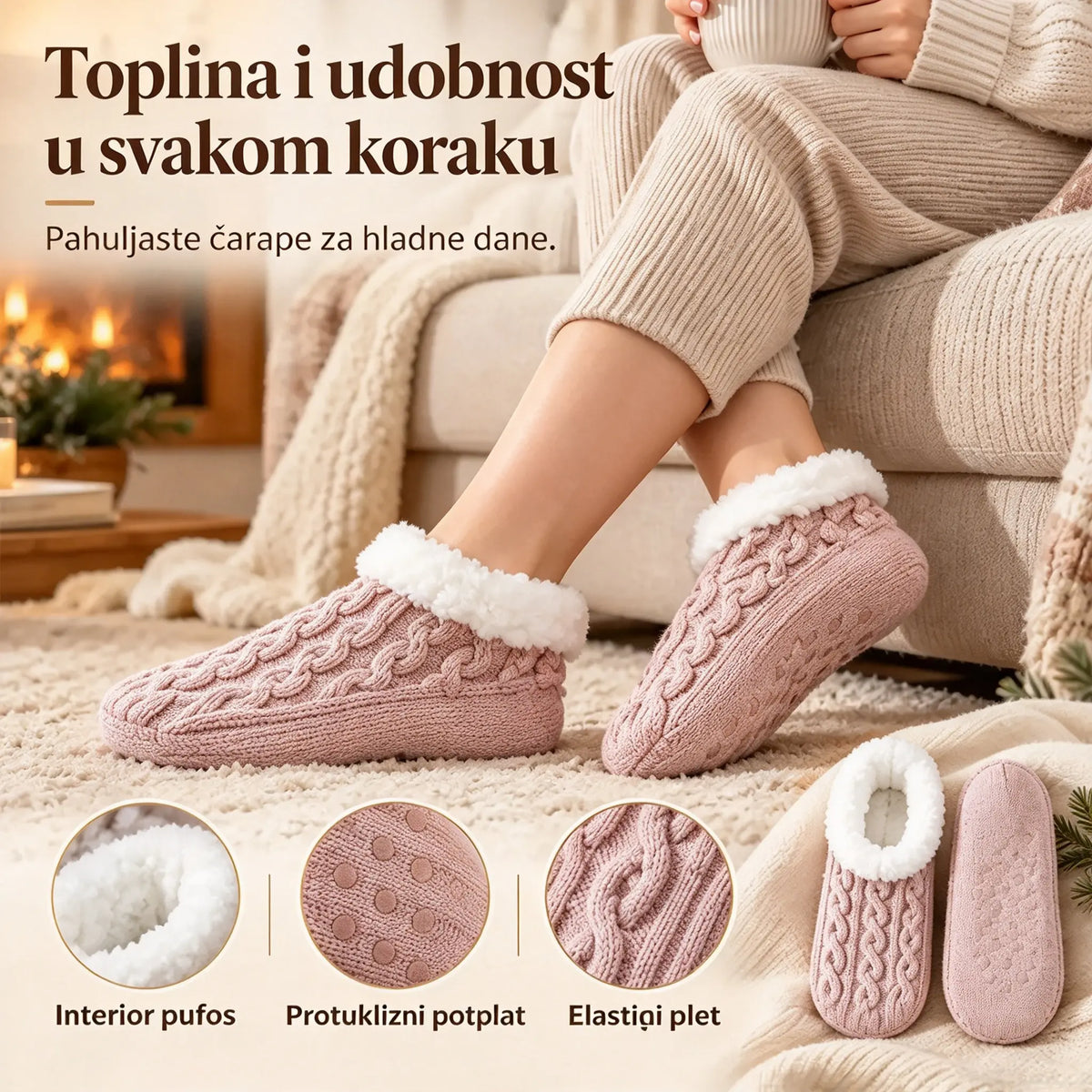 🧦 Poseban paket 2 para: Mekane kućne čarape s neklizajućim silikonskim potplatom · Topla unutrašnjost poput krzna · Elastično pletivo s uvijenim uzorkom · Udobnost i toplina za zimu!