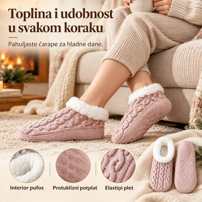 🧦 Poseban paket 2 para: Mekane kućne čarape s neklizajućim silikonskim potplatom · Topla unutrašnjost poput krzna · Elastično pletivo s uvijenim uzorkom · Udobnost i toplina za zimu!