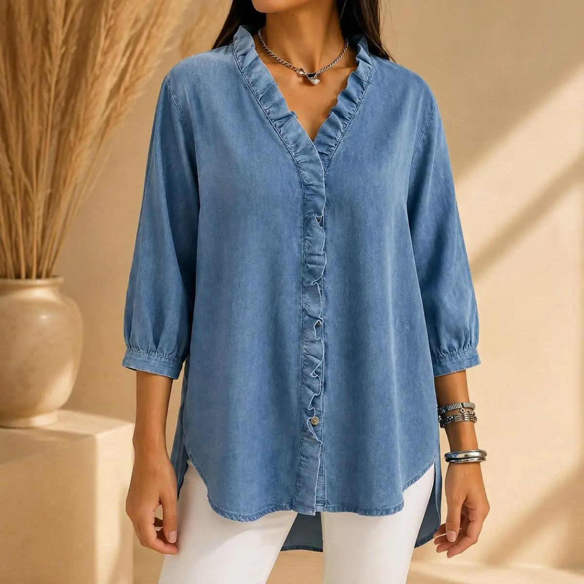 【S-3XL】Koszula damska casualowa z jeansu z dekoltem w serek i falbankami