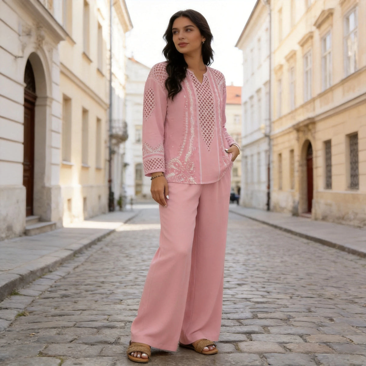 Elegancki damski komplet 2-częściowy: bluzka z nadrukiem w stylu vintage i spodnie z szerokimi nogawkami, miękki, oddychający i swobodny materiał