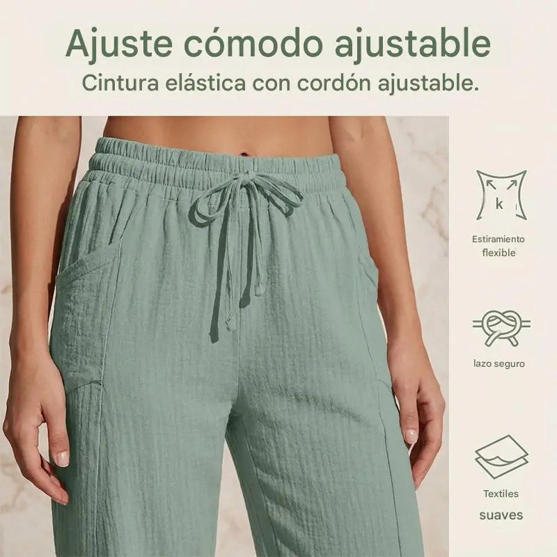 🌸Pantalones cropped plisados de color sólido para mujer, de algodón y lino