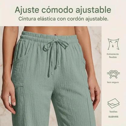 🌸Pantalones cropped plisados de color sólido para mujer, de algodón y lino