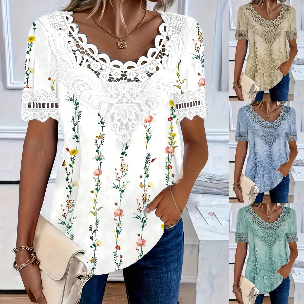 💕🌷【Wyprzedaż wiosenna🔥】【S-6XL】Nowa modna, wygodna i przewiewna elegancka koronkowa koszulka casualowa dla kobiet