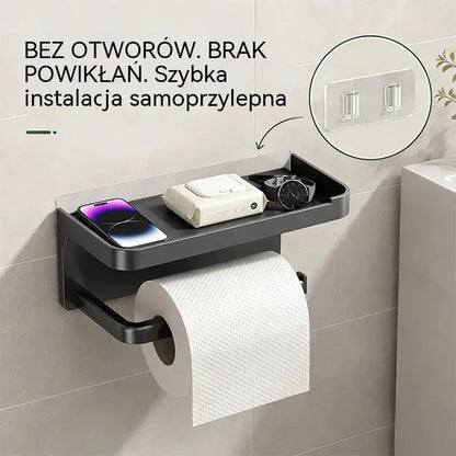 Uchwyt ścienny na papier toaletowy z akcesoriami, solidna podstawa, nowoczesna półka łazienkowa, łatwy w montażu, można w nim trzymać telefony komórkowe i inne przedmioty.