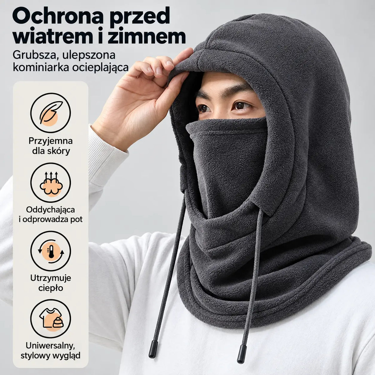 ❄️ Czapka termiczna zapewniająca pełną ochronę, z podszewką z polaru, która utrzymuje ciepło nawet przy temperaturze -20°C. ⛷️ Idealna do jazdy na nartach, na motocyklu oraz do aktywności na świeżym powietrzu.