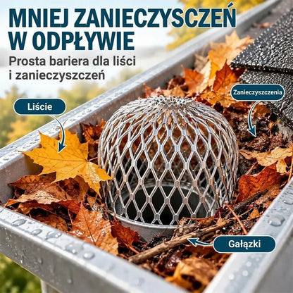 🍂 Zestaw 10 elementów: Siatka chroniąca rynny i rury spustowe przed zatykaniem · Stop aluminium · Regulowany kształt · Łatwy montaż – bez użycia narzędzi!