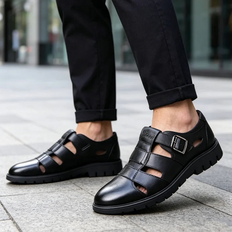 👞Męskie sandały z prawdziwej skóry z wycięciami｜Oddychające, wygodne i wyglądające ekskluzywnie