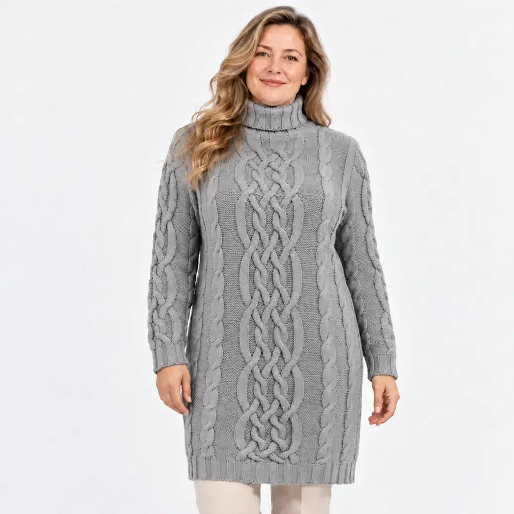 🧶🧥【1 kus, S–3XL】Dámske hrubé pletené šaty s rolákom a vrkočovým vzorom – pohodlný strih na jeseň a zimu.