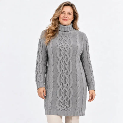 🧶🧥【1 kus, S–3XL】Dámske hrubé pletené šaty s rolákom a vrkočovým vzorom – pohodlný strih na jeseň a zimu.