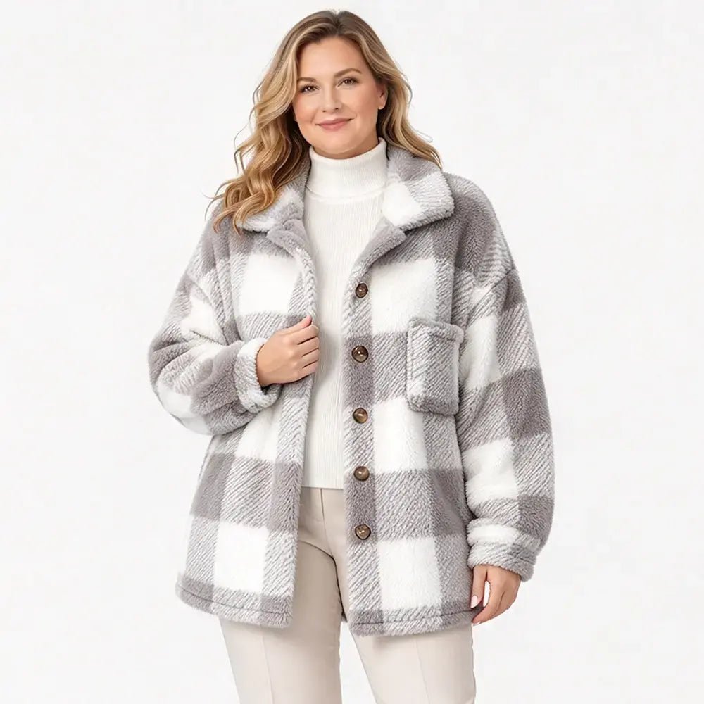 🧥【S-5XL】Damski pluszowy płaszcz w kratę, gruby materiał ze sztucznego futra, luźny krój, ciepła kurtka jesienno-zimowa🥰