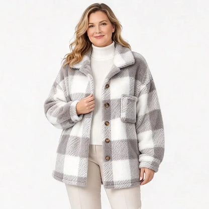 🧥【S-5XL】Damski pluszowy płaszcz w kratę, gruby materiał ze sztucznego futra, luźny krój, ciepła kurtka jesienno-zimowa🥰