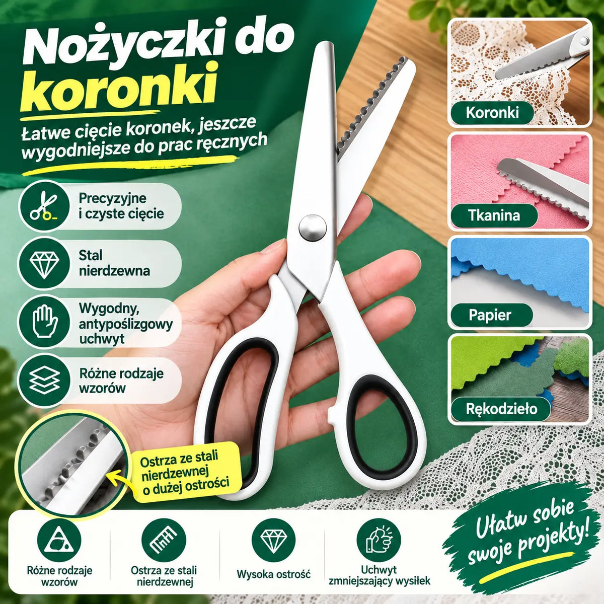✂️ Uniwersalne nożyce krawieckie tnące w ząbki – do tkanin, papieru i rękodzieła 🧵