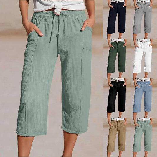 🌸Pantalones cropped plisados de color sólido para mujer, de algodón y lino