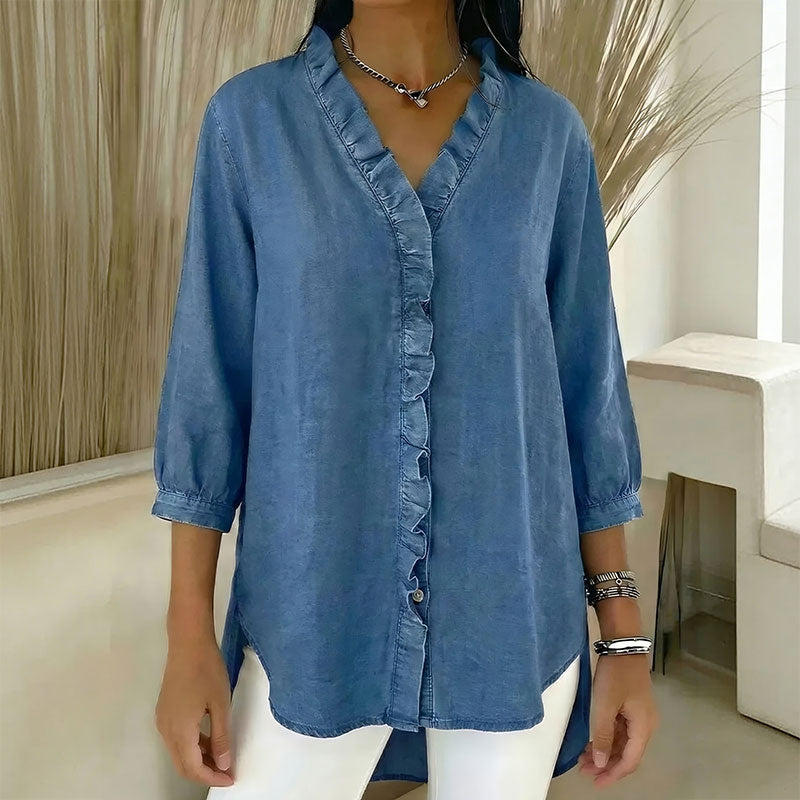 Ženska ležerna traper košulja s V-izrezom i volanima