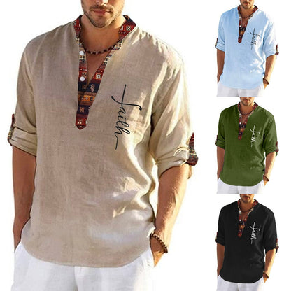🔥Hot sale en España🔥Camisa hombre lino algodón estampada cuello pico