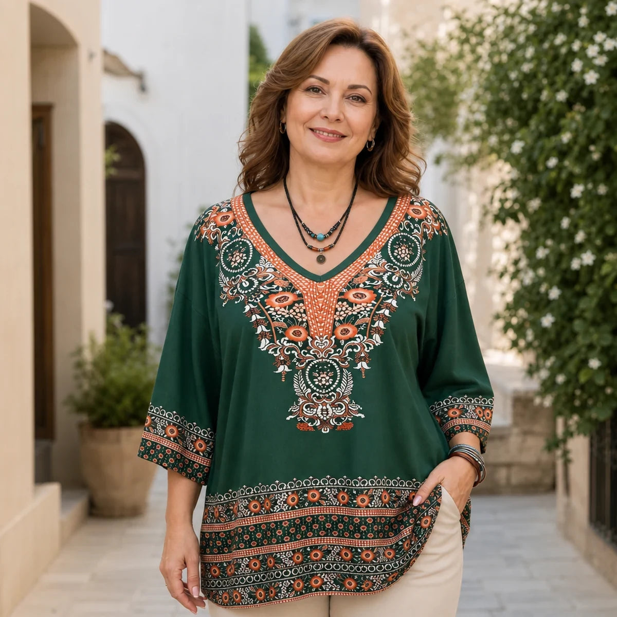 【Rozmiary XL-5XL】Elegancka bluzka damska z nadrukiem boho i dekoltem w serek, luźny krój, styl retro etniczny, cienki i modny materiał