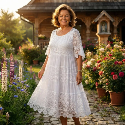 🔥【50% ZNIŻKI】✨✨✨【S-5XL】2026 Nowa sukienka-t-shirt z krótkim rękawem, okrągłym dekoltem i koronką.