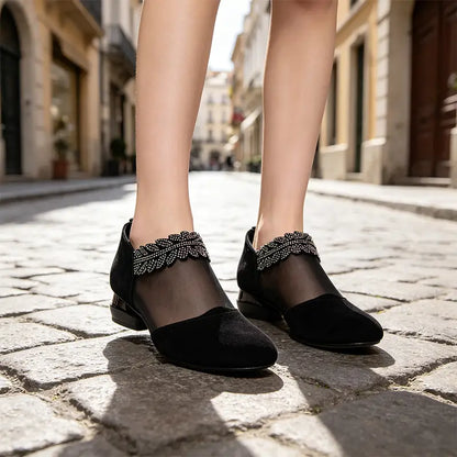 👡【Zniżka ograniczona czasowo】【36-41】💎 Buty na niskim obcasie, siateczka i kryształki, styl francuski
