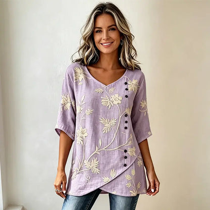 👘[S-3XL] ✨Koszula w stylu vintage z mieszanki lnu i bawełny, haft kwiatowy, dekolt w serek, asymetryczne guziki, przewiewna i miękka tkanina.✨