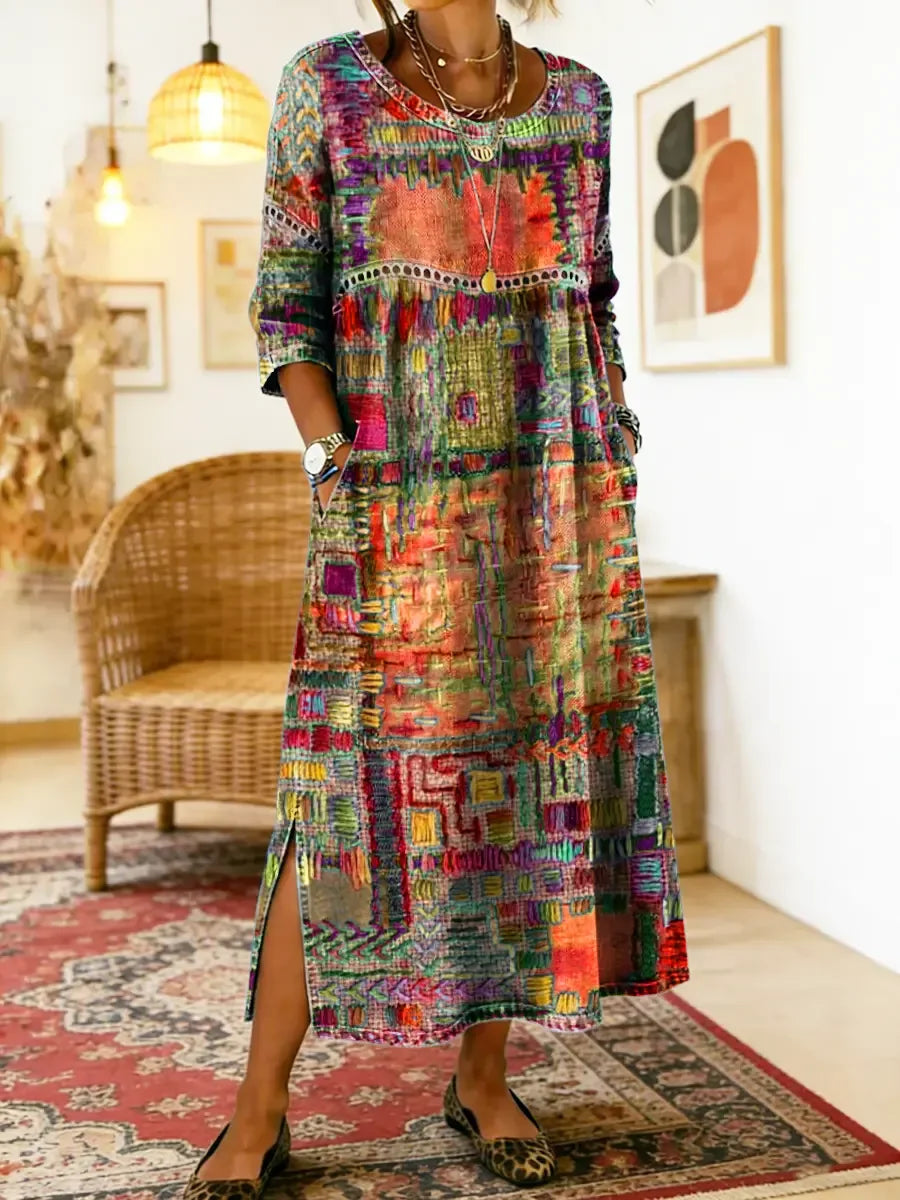 💟【50% DE DESCUENTO】Vestido de algodón con estampado étnico y patchwork para mujer con ribete de encaje