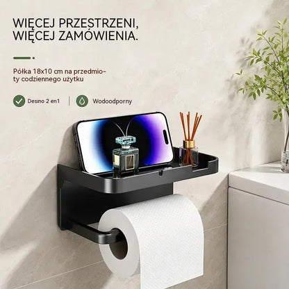 Uchwyt ścienny na papier toaletowy z akcesoriami, solidna podstawa, nowoczesna półka łazienkowa, łatwy w montażu, można w nim trzymać telefony komórkowe i inne przedmioty.