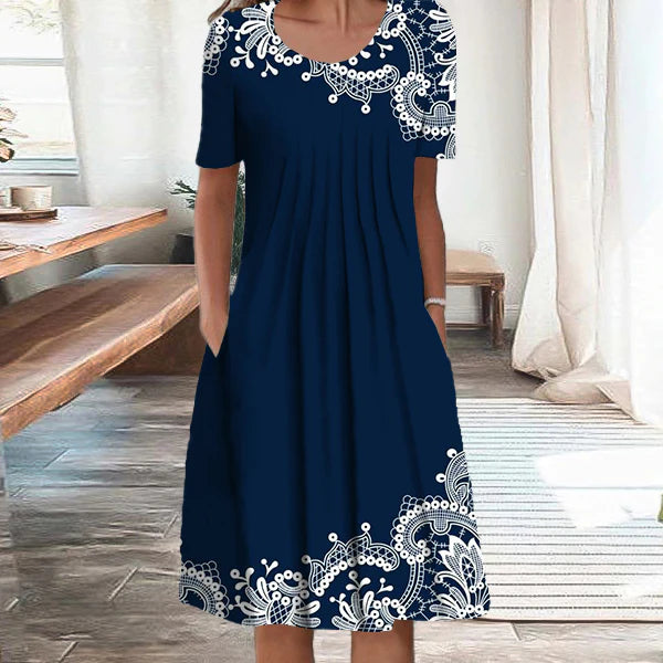 【✅️ Płatność przy odbiorze】【S-5XL】🌺🌺 Okrągły dekolt sprawi, że będziesz wyglądać na wyższą i szczuplejszą. Modna sukienka z nadrukiem.