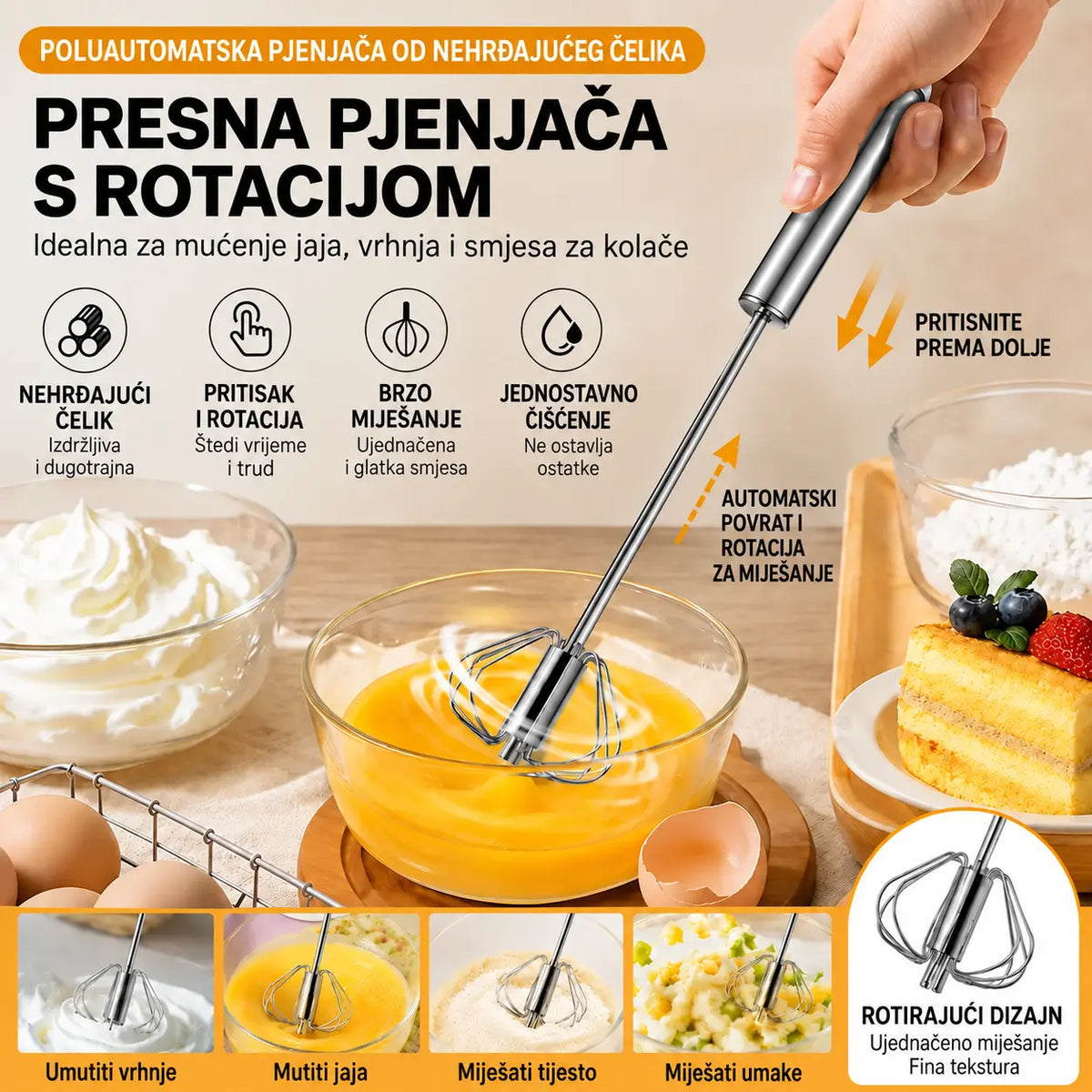 23 € [Set od 2 dijela] Poluautomatska pjenjača za jaja od nehrđajućeg čelika