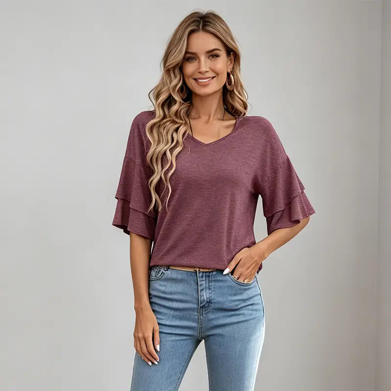 Damska letnia bluzka z czystej bawełny, dekolt w serek – elegancki T-shirt z bufiastymi rękawami, miękki, oddychający i przyjazny dla skóry materiał