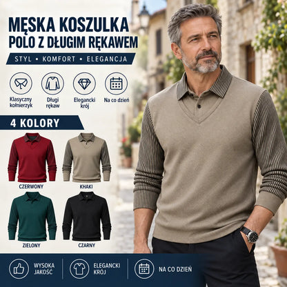 【M-4XL】 Dwuczęściowa koszulka POLO w fałszywe patchworkowe paski