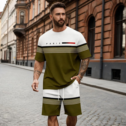 【S-5XL】Męski, swobodny i wygodny komplet składający się z koszuli z krótkim rękawem i spodenek z nadrukowanym napisem.