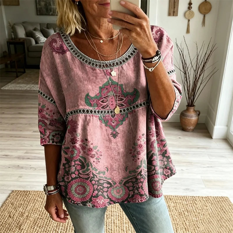 Paryski styl boho-chic: wyrazisty cyfrowy nadruk i wykwintne perforowane detale koronkowe dla młodzieńczego i świeżego wyglądu!