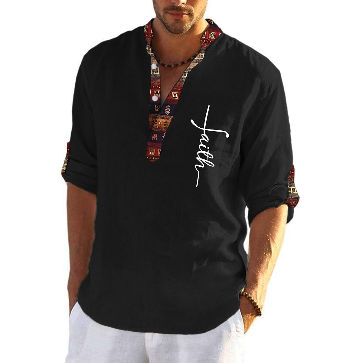 🔥Hot sale en España🔥Camisa hombre lino algodón estampada cuello pico