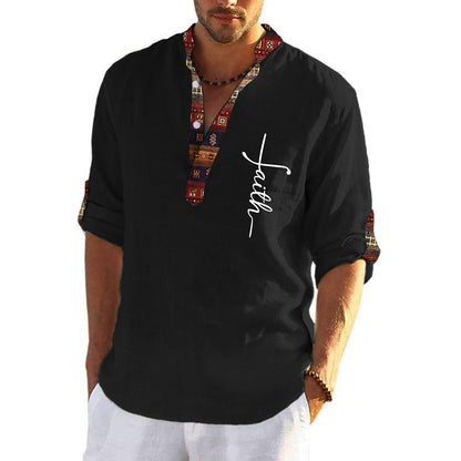 🔥Hot sale en España🔥Camisa hombre lino algodón estampada cuello pico