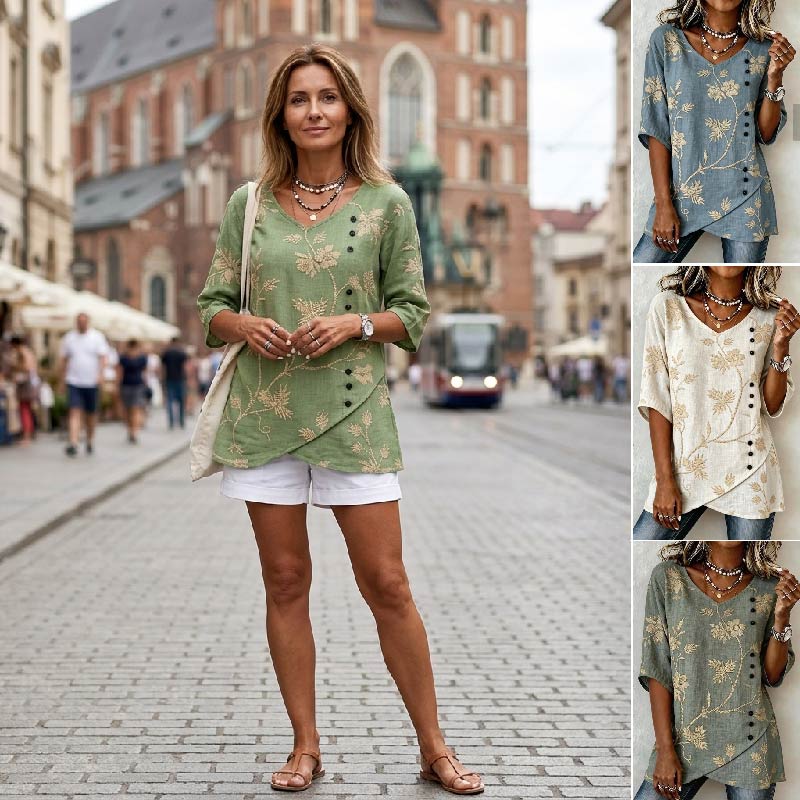 👘[S-3XL] ✨Koszula w stylu vintage z mieszanki lnu i bawełny, haft kwiatowy, dekolt w serek, asymetryczne guziki, przewiewna i miękka tkanina.✨