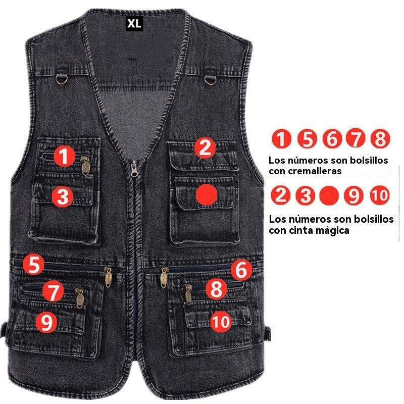 🔥El más vendido en España🔥【XL-7XL】2025 Chaleco vaquero multibolsillos para hombr💥Elegante, 💥Duradero, 💥Alta calidad, 💥Perfecto para pesca, actividades al aire libre y fotografía