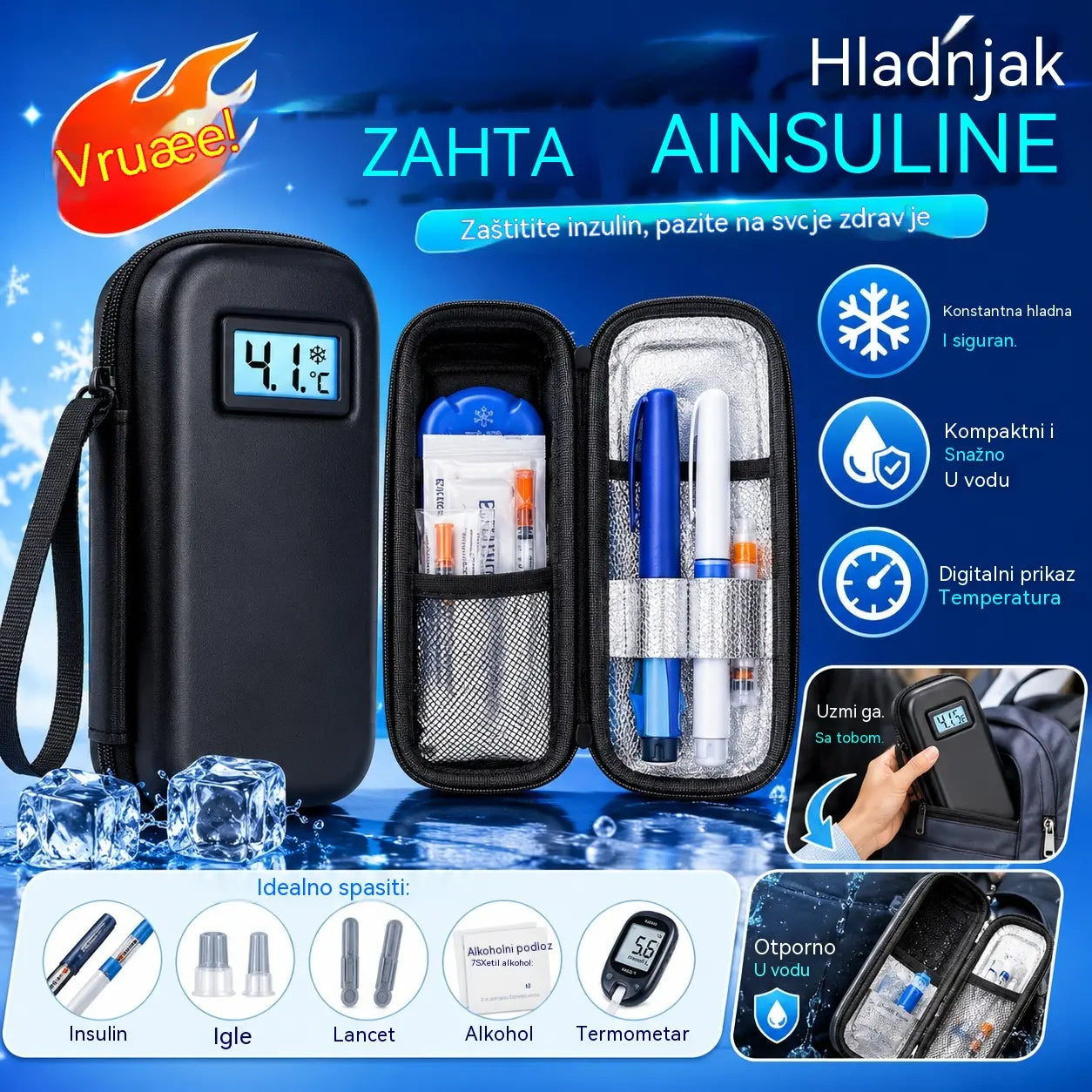 Putna hladnjača za inzulin s prikazom temperature