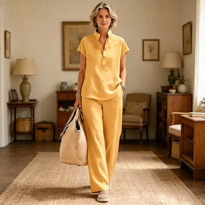 🔥【Zniżka ograniczona czasowo】【S-3XL】✨Komplet damski z lnu i bawełny – bluzka z krótkim rękawem i spodnie z szerokimi nogawkami, swobodny, elegancki styl letni