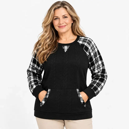 【S–2XL / 6 kolorów】Jesienno-zimowy sweter w kratę – luźny longsleeve w stylu western (patchwork) z okrągłym dekoltem