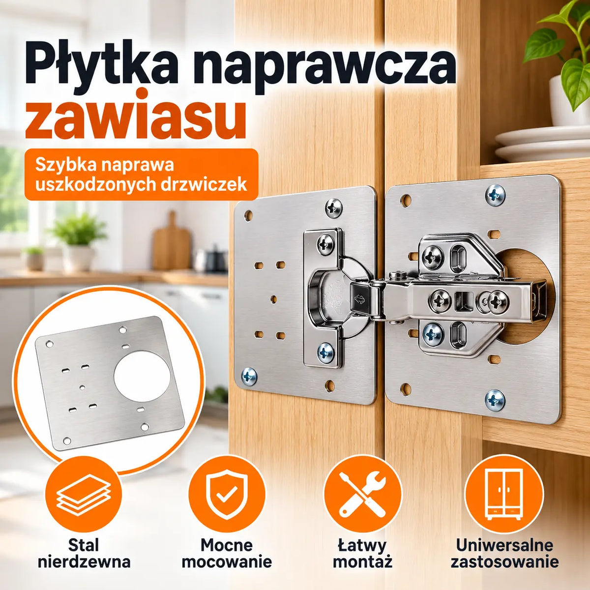 1 zestaw 109zł 🚪 Zestaw 10 sztuk (wkręty w komplecie) – płytka naprawcza ze stali nierdzewnej (zawiasy nie wchodzą w skład zestawu)