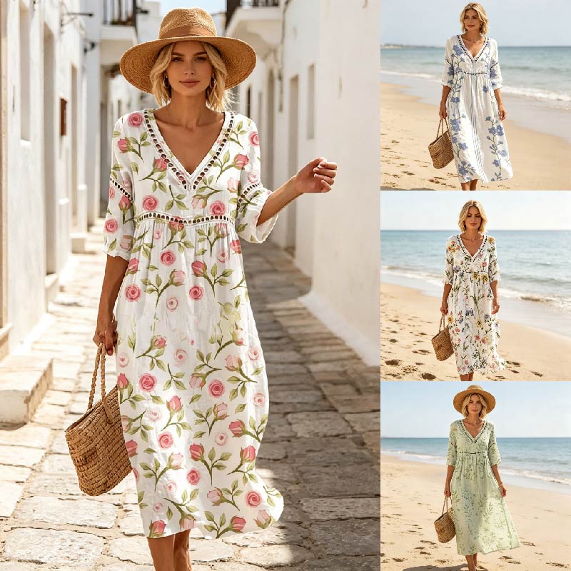 👗【S-3XL】Letnia sukienka z bawełny i lnu w kwiaty, długa, z dekoltem w serek