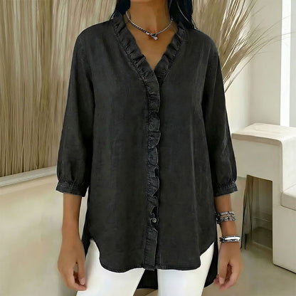 Ženska ležerna traper košulja s V-izrezom i volanima