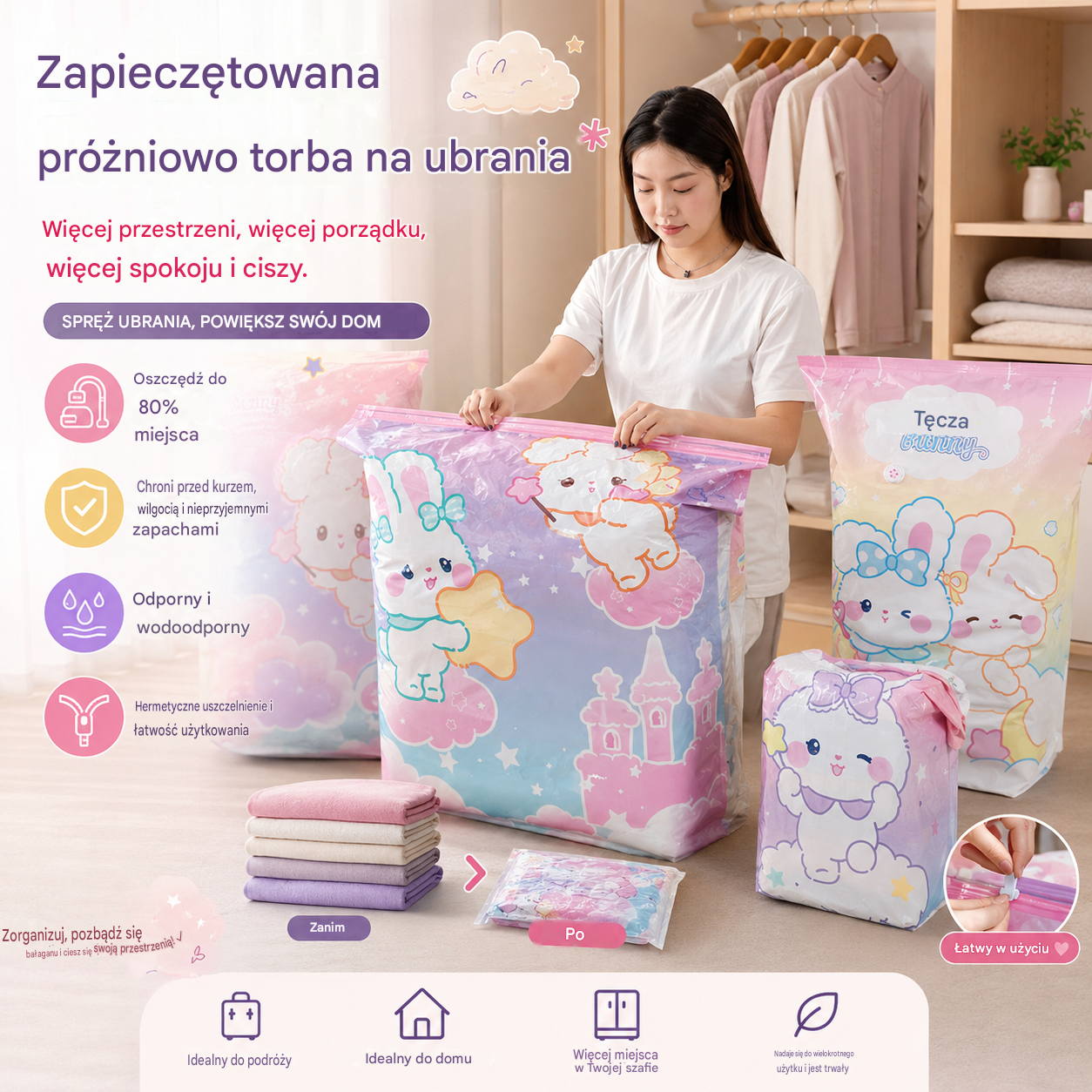 🧳【Zestaw 5 elementów】💨 Duży, kompresowalny worek próżniowy: nie wymaga pompki, szczelny i idealny do oszczędzania miejsca w walizkach i w domu ✈️