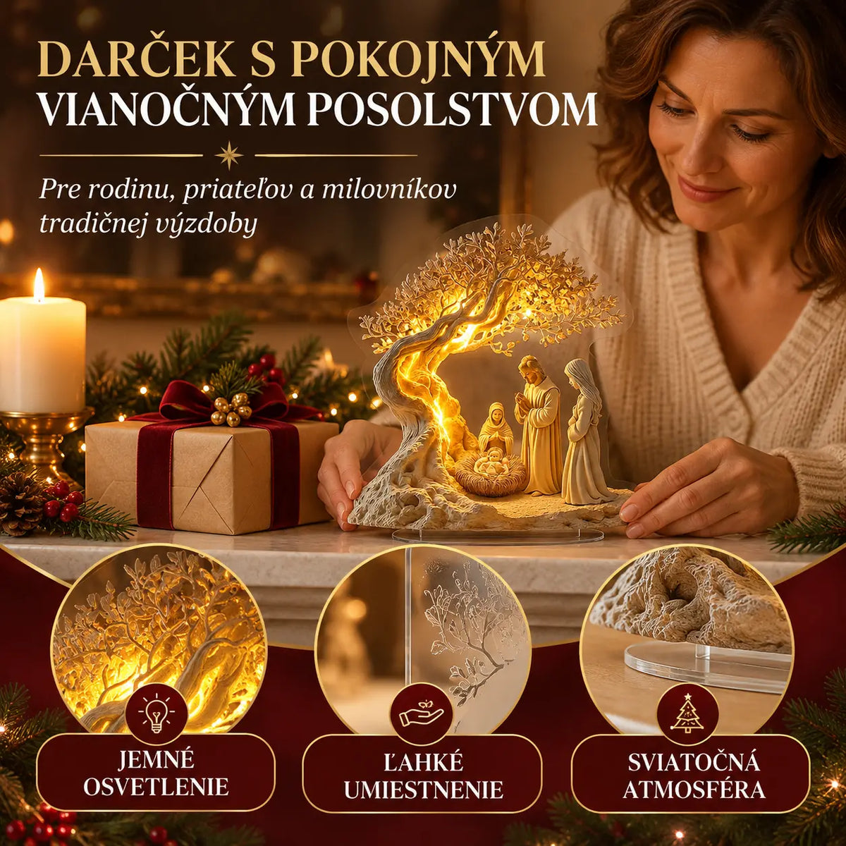 ✨🕯️Stolová dekorácia s motívom Narodenia Pána a stromom života – jemné svetlo pre sviatočnú atmosféru.
