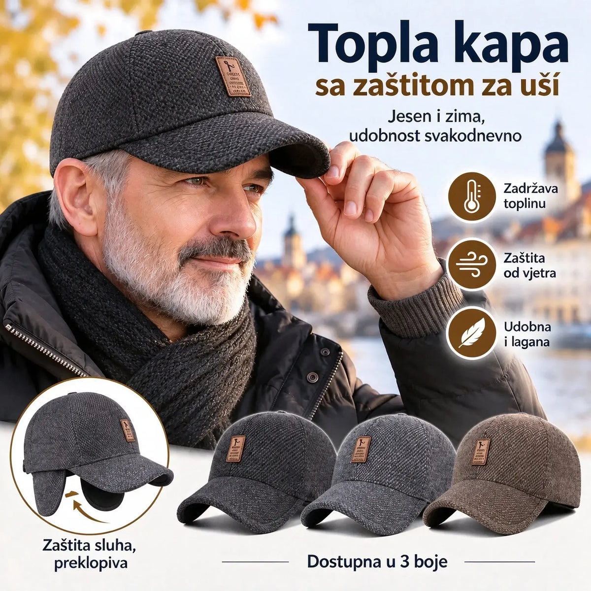 🧢 Topla muška kapa sa zaštitom za uši: udobnost za jesen i zimu.
