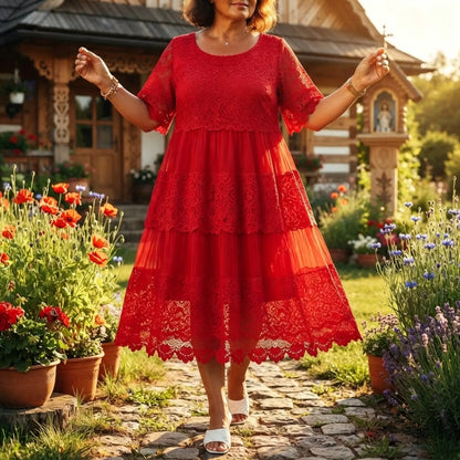 🔥【50% ZNIŻKI】✨✨✨【S-5XL】2026 Nowa sukienka-t-shirt z krótkim rękawem, okrągłym dekoltem i koronką.