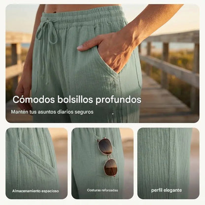 🌸Pantalones cropped plisados de color sólido para mujer, de algodón y lino