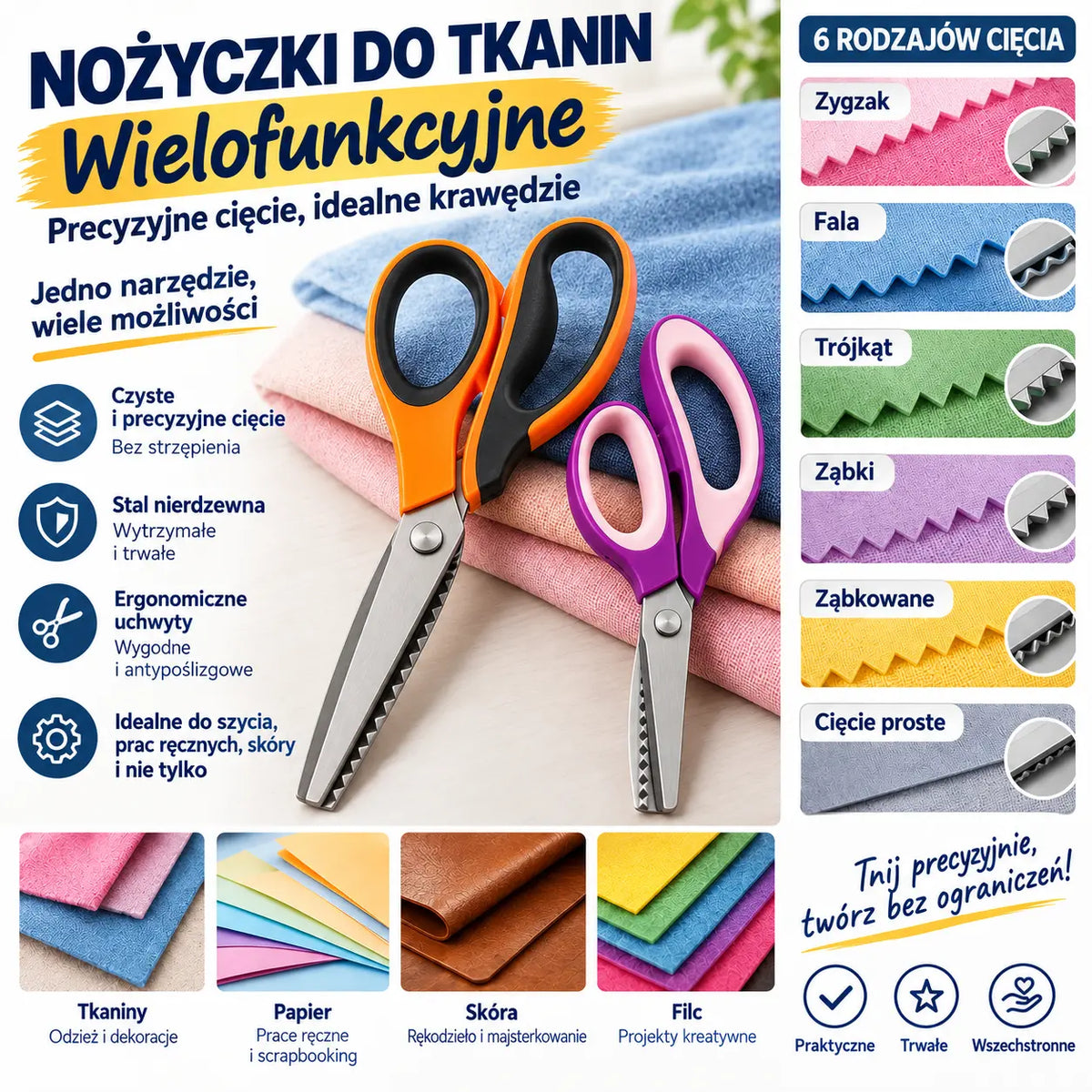 ✂️ Wielofunkcyjne nożyce krawieckie z ostrzem ząbkowanym — odpowiednie do tkanin, papieru i prac rękodzielniczych 🧵