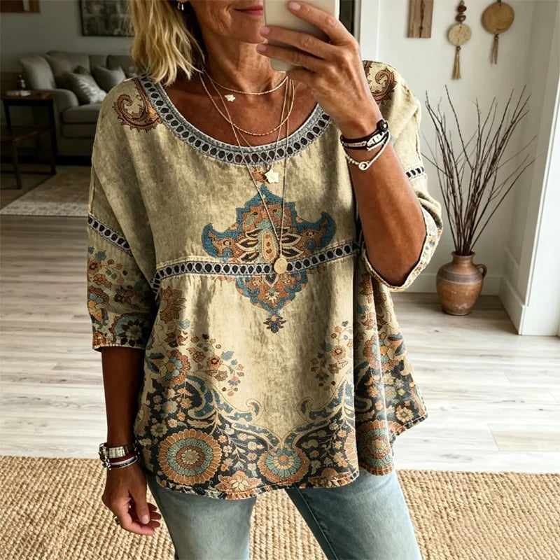 Paryski styl boho-chic: wyrazisty cyfrowy nadruk i wykwintne perforowane detale koronkowe dla młodzieńczego i świeżego wyglądu!