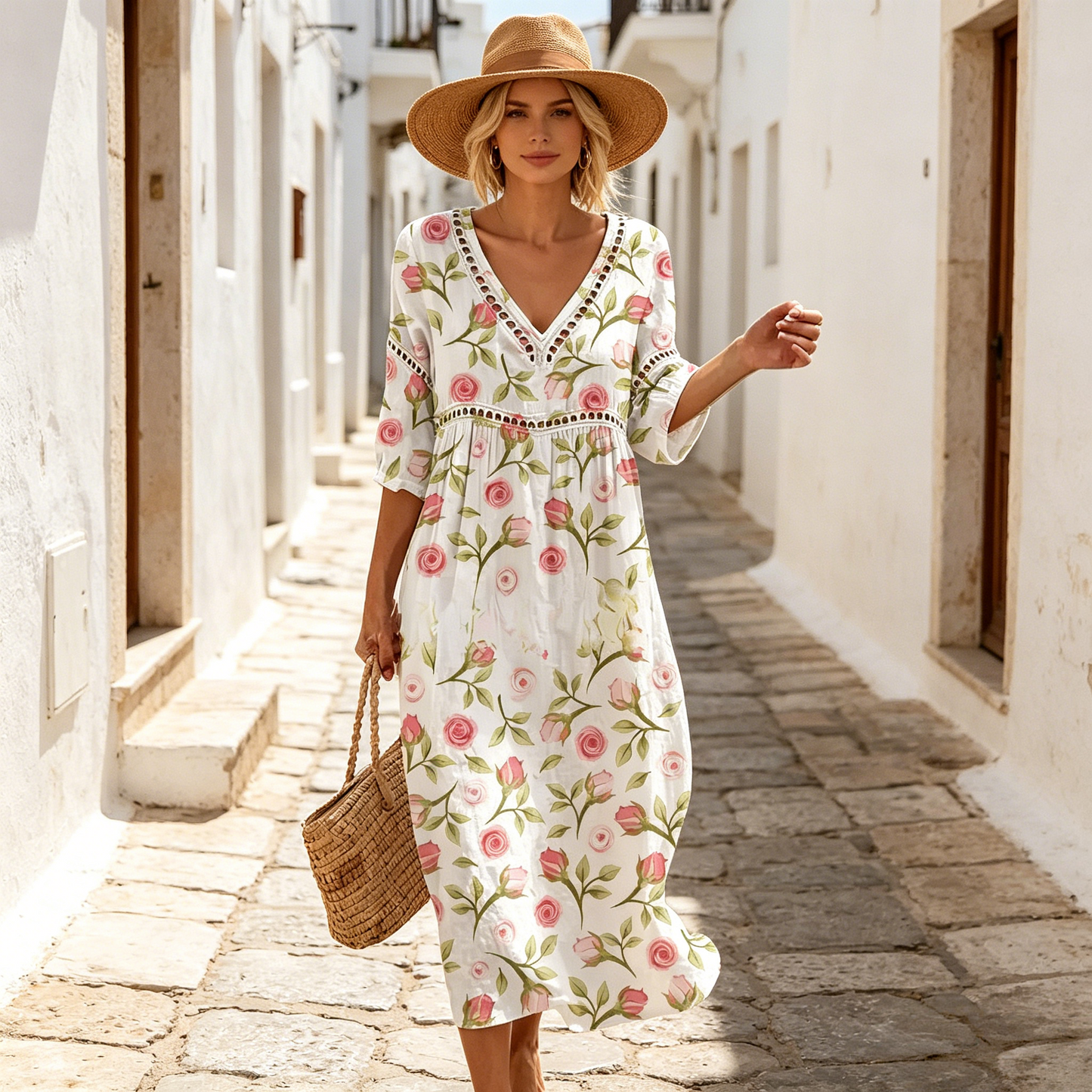 👗【S-3XL】Letnia sukienka z bawełny i lnu w kwiaty, długa, z dekoltem w serek