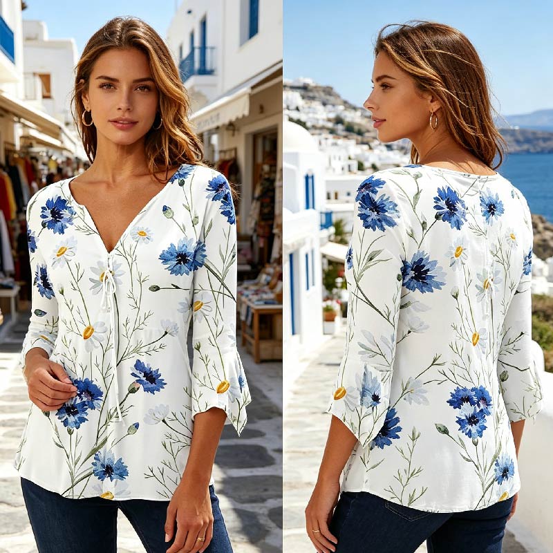 [S–5XL] Wygodna i swobodna odzież damska: Bluzka z dekoltem w serek i kwiatowymi wzorami